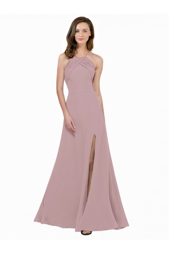 High Neck Crepe Bridesmaid Dress / Prom Dress with Pleats and Keyhole Back Bristol