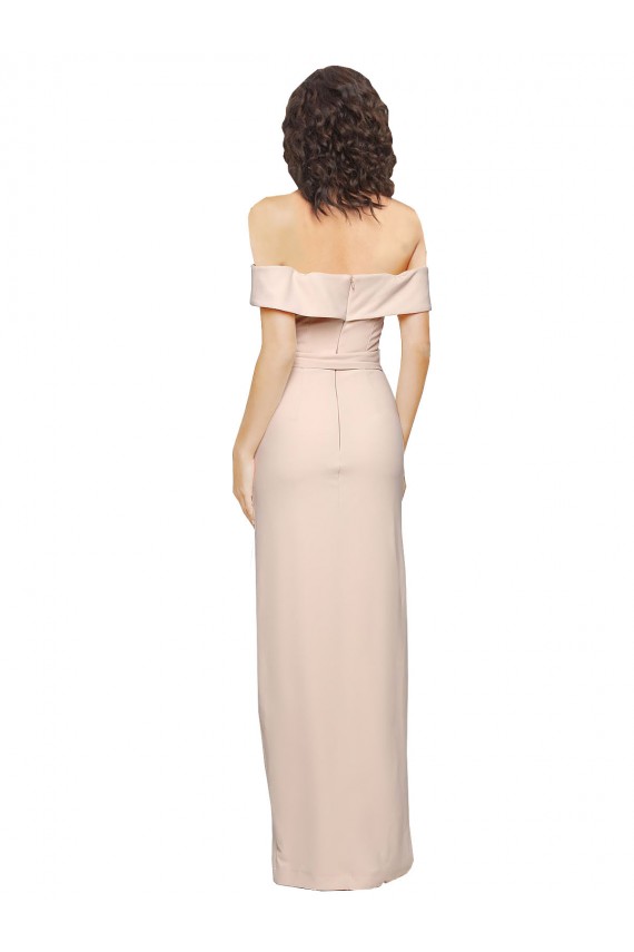 Off the Shoulder Long Formal Crepe Bridesmaid Dress / Prom Dress with Waist Tie and Slit Bristol