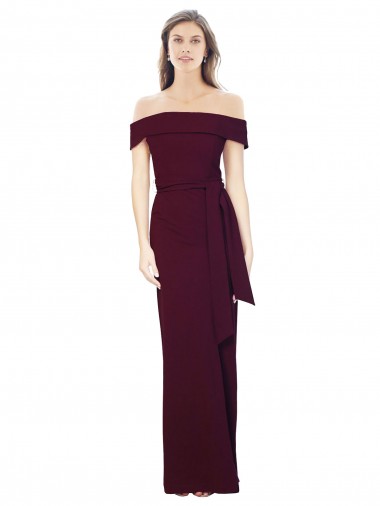 Off the Shoulder Long Formal Crepe Bridesmaid Dress / Prom Dress with Waist Tie Bristol