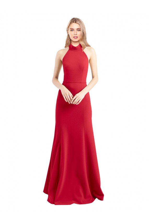 Sleek Fit and Flare High Neck Halter Stretch Formal Crepe Bridesmaid Dress / Prom Dress with Open Back Bristol