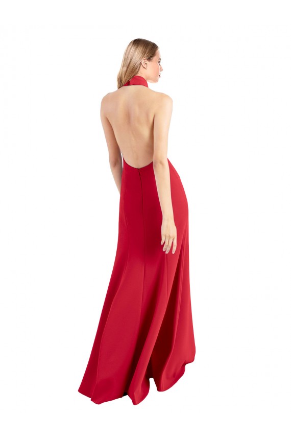 Sleek Fit and Flare High Neck Halter Stretch Formal Crepe Bridesmaid Dress / Prom Dress with Open Back Bristol