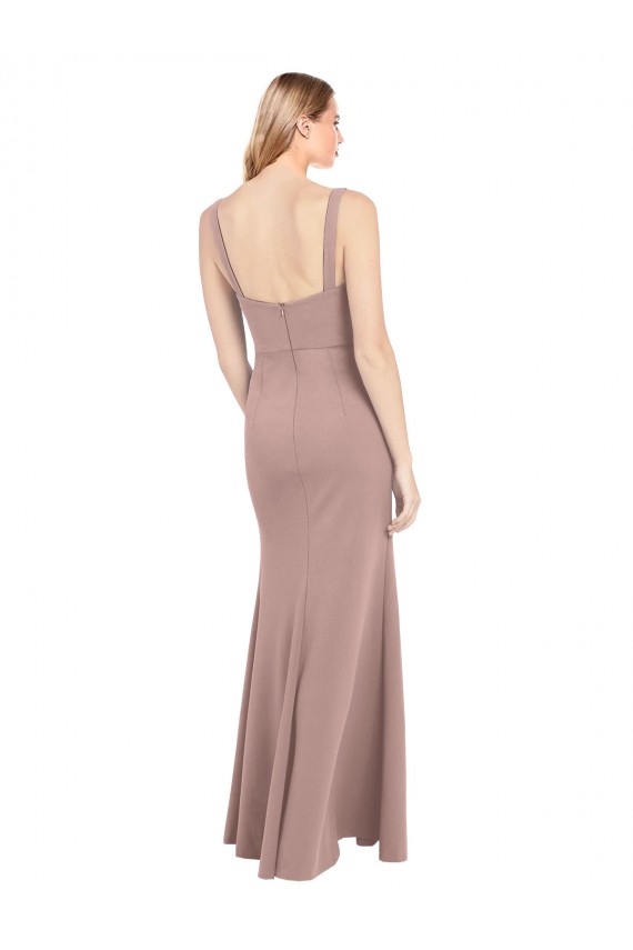 Square Neck Fit and Flare Long Stretch Crepe Bridesmaid Dress / Prom Dress with Side Slit Bristol