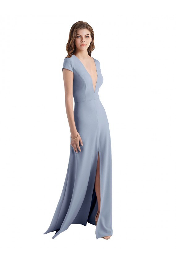 Plunging V-Neck Cap Sleeves Stretch Crepe Bridesmaid Dress / Prom Dress with Front Slit Bristol