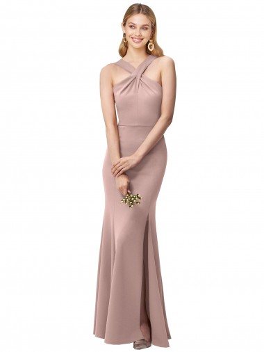 Long Floor Length High Neck Fit and Flare Stretch Crepe Bridesmaid Dress / Prom Dress with Side Slit Bristol