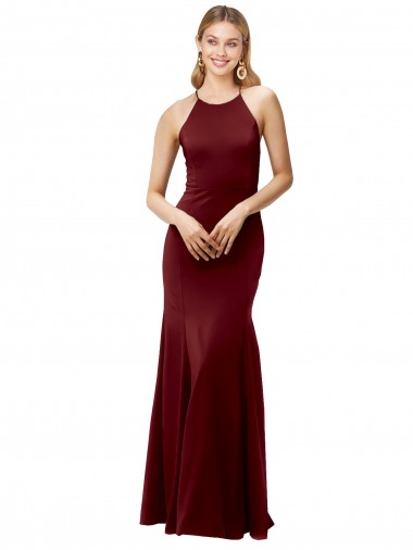 Fit and Flare Halter Neckline Stretch Formal Crepe Bridesmaid Dress / Prom Dress with Strappy Back Bristol