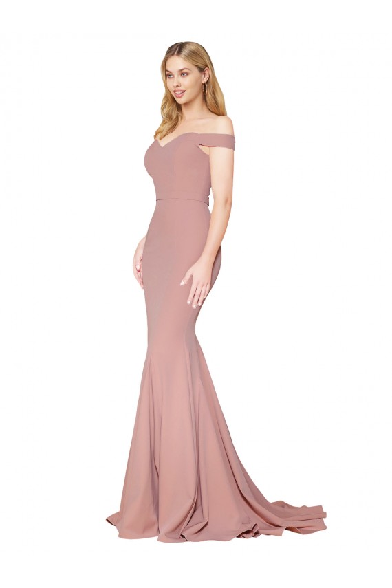 Off the Shoulder Sweetheart Long Sweep Train Formal Crepe Bridesmaid Dress / Prom Dress Bristol