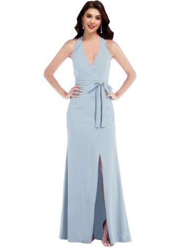Open Back Halter Maxi Formal Crepe Bridesmaid Dress / Prom Dress with Draped Bow Bristol