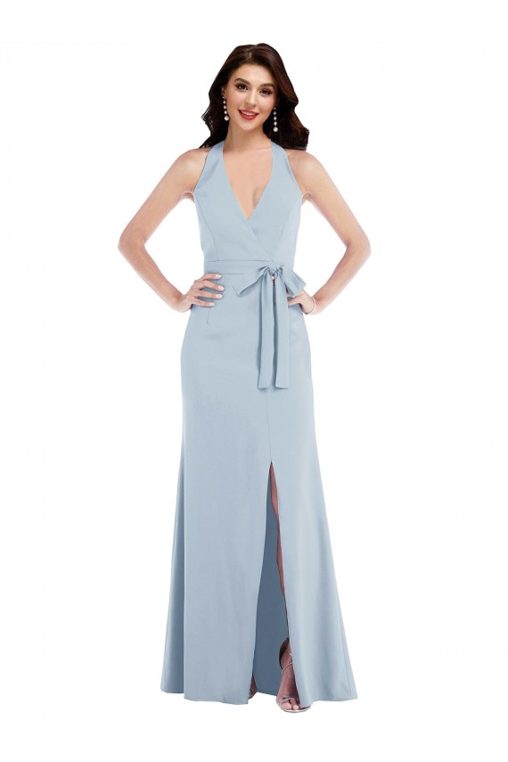 Open Back Halter Maxi Formal Crepe Bridesmaid Dress / Prom Dress with Draped Bow Bristol