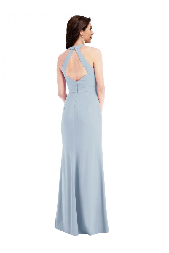 Open Back Halter Maxi Formal Crepe Bridesmaid Dress / Prom Dress with Draped Bow Bristol