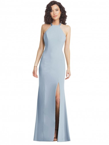 High Neck Halter Formal Crepe Bridesmaid Dress / Prom Dress with Twist Criss Cross Back Bristol