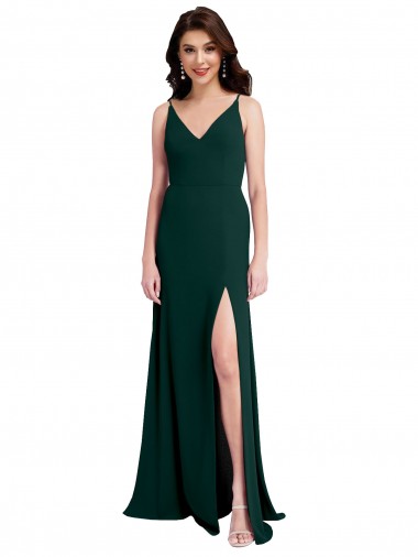 Slim A-Line V-Neck Full Length Formal Crepe Bridesmaid Dress / Prom Dress with Side Slit Bristol