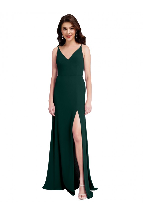 Slim A-Line V-Neck Full Length Formal Crepe Bridesmaid Dress / Prom Dress with Side Slit Bristol