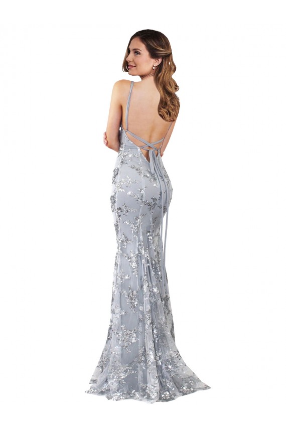 Silver V-Neckline Backless Floral Patterned Sequin Formal Bridesmaid Dress / Prom Dress Bristol