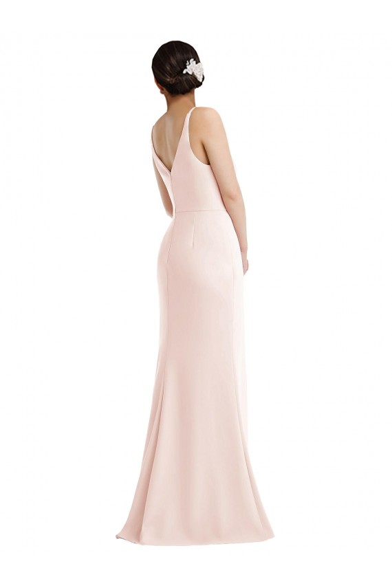 Skinny Strap Deep V-Neck Trumpet Formal Crepe Bridesmaid Dress / Prom Dress with Front Slit Bristol