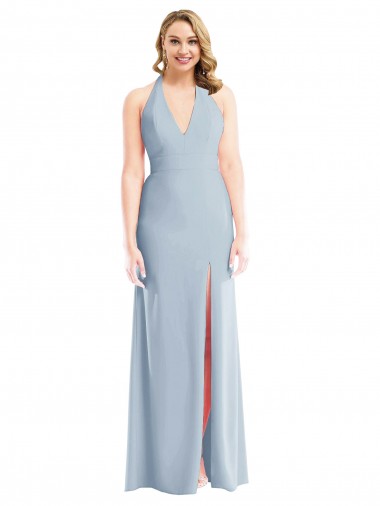 Plunge Neck Halter Backless Trumpet Bridesmaid Dress / Prom Dress with Front Slit Bristol