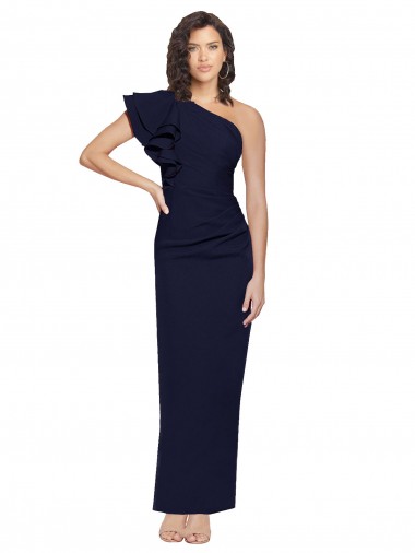 Ruched Floor Length Long Formal Crepe Bridesmaid Dress / Prom Dress with Shoulder Ruffles Bristol