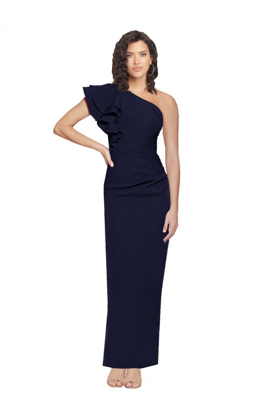 Ruched Floor Length Long Formal Crepe Bridesmaid Dress / Prom Dress with Shoulder Ruffles Bristol