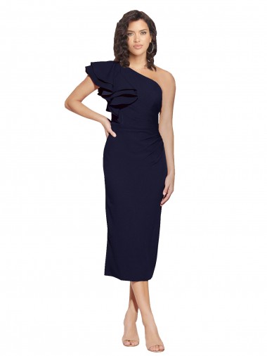 Ruched Midi Length Short Cocktail Formal Crepe Bridesmaid Dress / Prom Dress with Shoulder Ruffles Bristol