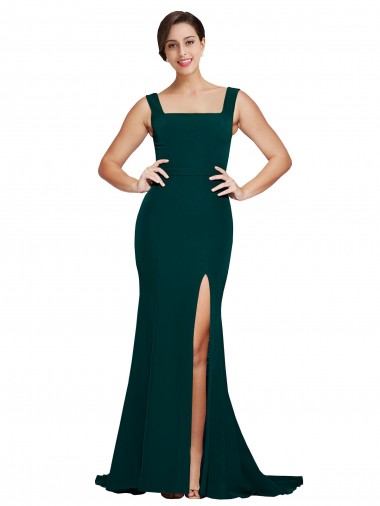 Fitted Square Neck Long Crepe Bridesmaid Dress / Prom Dress with Train and Side Split Bristol