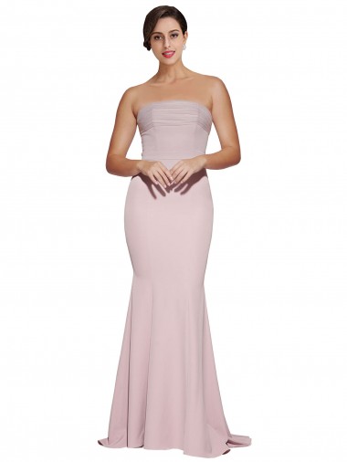 Straight Neck Long Strapless Formal Crepe Bridesmaid Dress / Prom Dress with Soft Tulle Overlay and Small Train Bristol