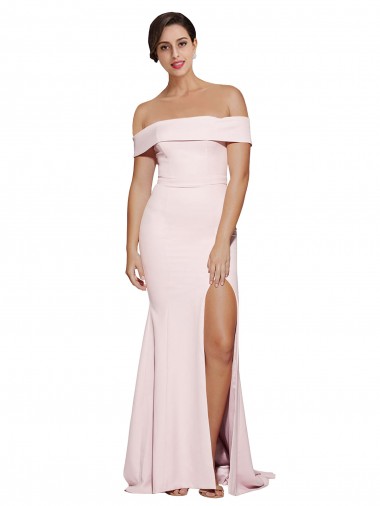 Off Shoulder Long Formal Crepe Bridesmaid Dress / Prom Dress with Straight Neckline and Side Split Bristol