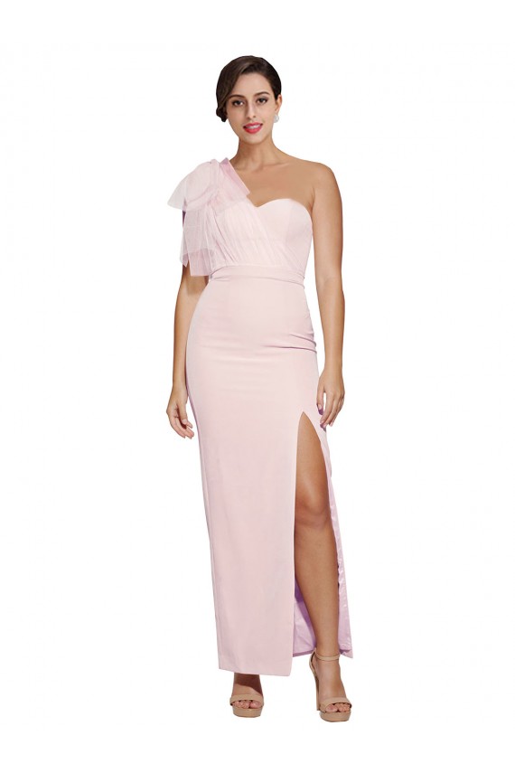 One Shoulder Tulle Overlay Sweetheart Neckline Long Formal Crepe Bridesmaid Drss with Thigh Split Bristol