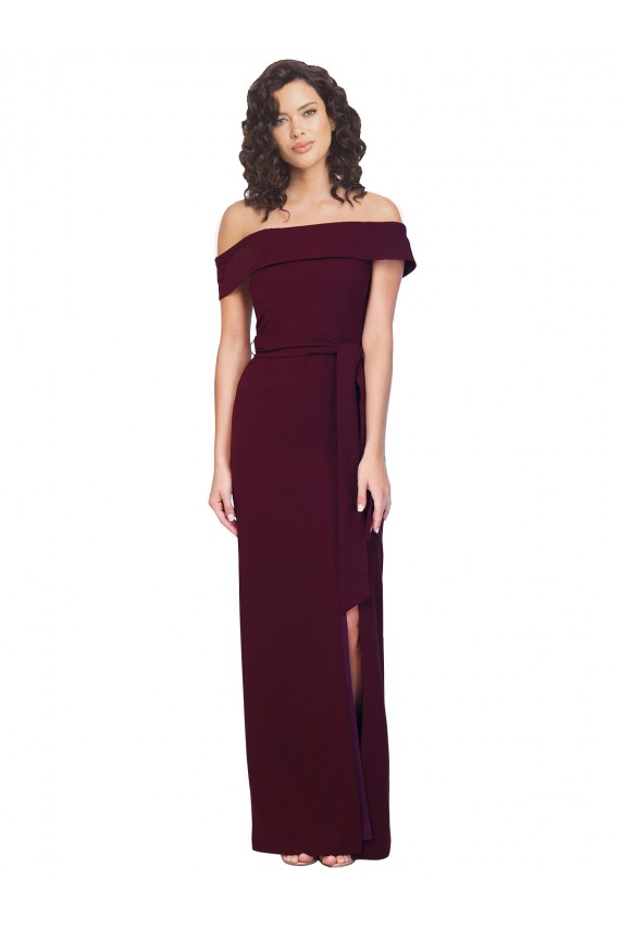 Fitted Full Length Off the Shoulder Formal Crepe Bridesmaid Dress / Prom Dress with Side Split and Waist Tie Bristol