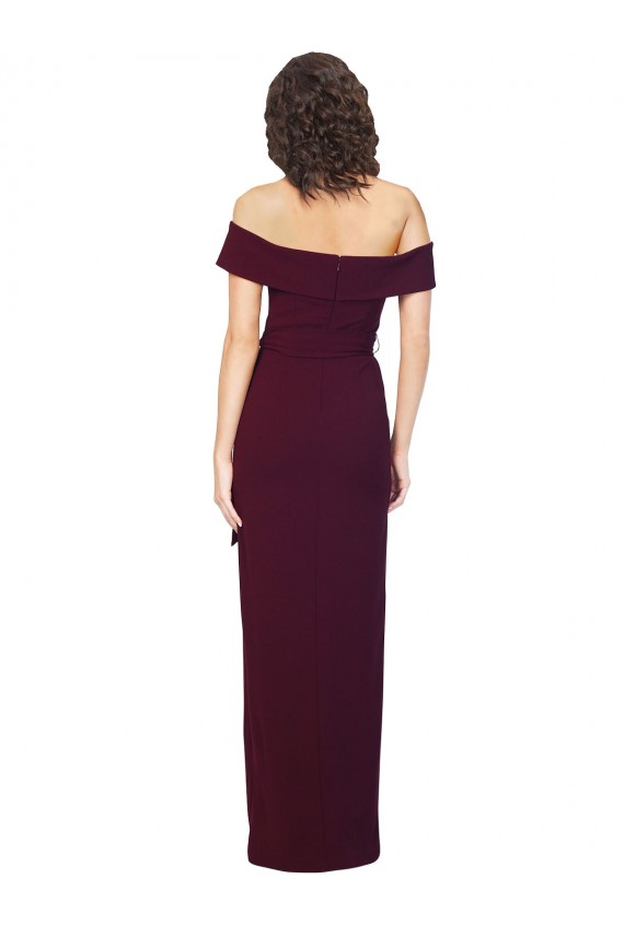 Fitted Full Length Off the Shoulder Formal Crepe Bridesmaid Dress / Prom Dress with Side Split and Waist Tie Bristol