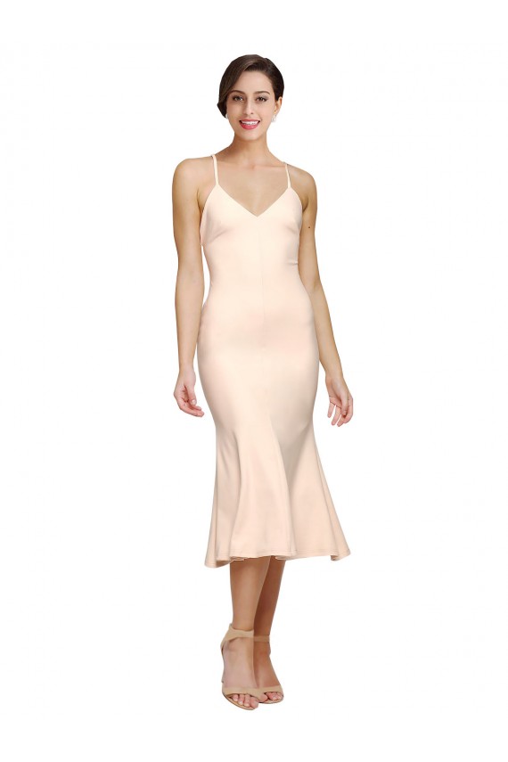 Midi Cocktail Length V-Neckline Crepe Bridesmaid Dress / Prom Dress with Thin Straps and Fulted Skirt Bristol