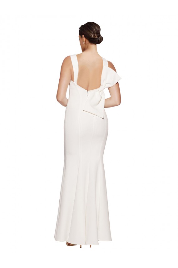 Full Length Square Neck Formal Crepe Bridesmaid Dress / Prom Dress with Asymmetrical Straps and Bow Back Bristol