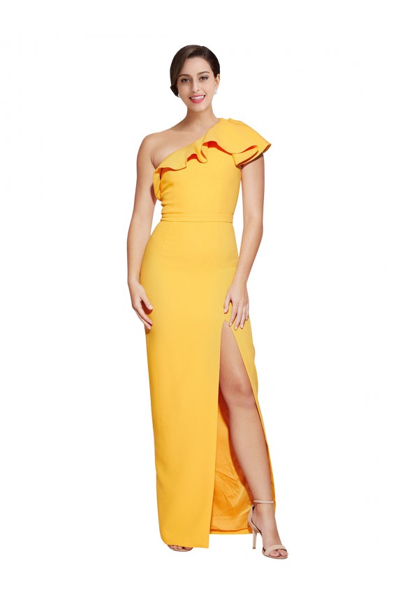 One Shoulder Floor Length Formal Crepe Bridesmaid Dress / Prom Dress with Thigh High Split Bristol