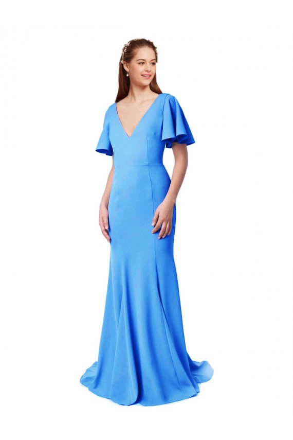 Short Sleeves Long V-Neck Crepe Bridesmaid Dress / Prom Dress with V-Back Bristol