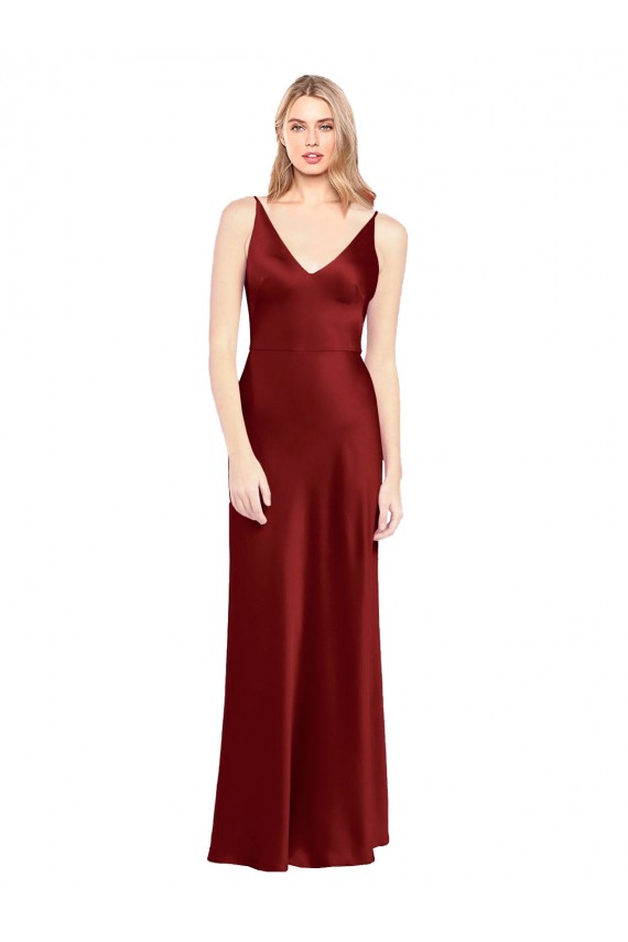 Full Length Long Formal Stretch Satin Slip Bridesmaid Dress / Prom Dress V-Back Bristol