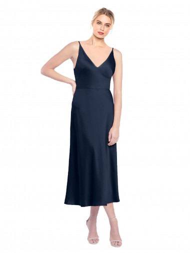 V-Neck Midi Length Short Cocktail Formal Stretch Satin Bridesmaid Dress / Prom Dress V-Back Bristol
