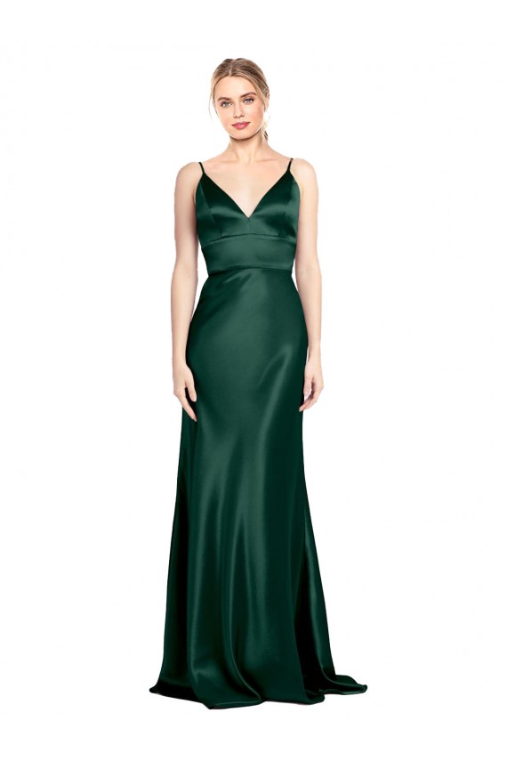 High V-Neck Long Full Length Sheath Formal Stretch Satin Bridesmaid Dress / Prom Dress Bristol