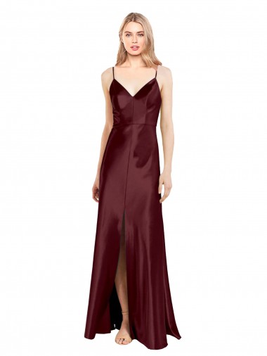 Sleek Spaghetti Straps V-Neck Formal Stretch Satin Bridesmaid Dress / Prom Dress with Center Front Slit Bristol