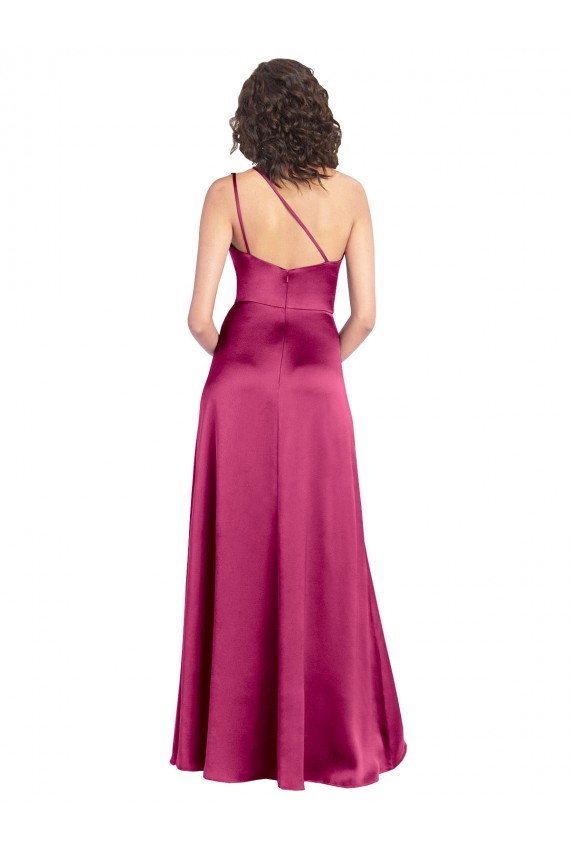 Sleek One Shoulder A-Line Long Formal Stretch Satin Bridesmaid Dress / Prom Dress with Spaghetti Straps Back Bristol