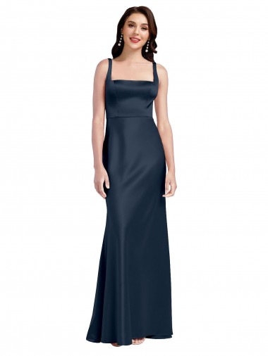Square Neck A-Line Long Formal Stretch Satin Bridesmaid Dress / Prom Dress with Wide Straps Bristol