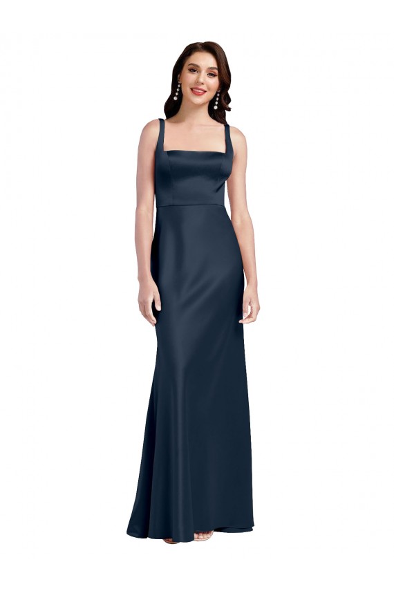 Square Neck A-Line Long Formal Stretch Satin Bridesmaid Dress / Prom Dress with Wide Straps Bristol