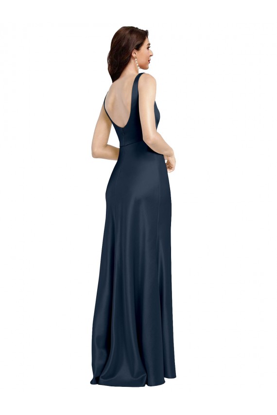 Square Neck A-Line Long Formal Stretch Satin Bridesmaid Dress / Prom Dress with Wide Straps Bristol