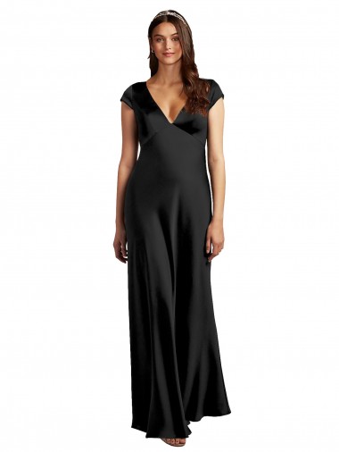 Plunging V-Neck Cap Cleeves Long Formal Stretch Satin Bridesmaid Dress / Prom Dress with Keyhole Back Bristol