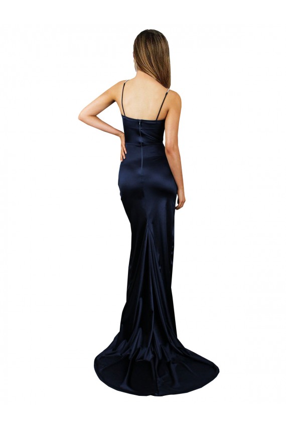 Pleated Sash Skirt Long Formal Stretch Satin Bridesmaid Dress / Prom Dress with High Slit Bristol