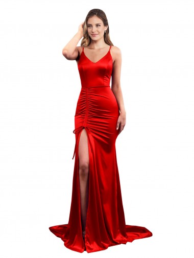 Long Pleated Formal Stretch Satin Bridesmaid Dress / Prom Dress with High Slit Bristol