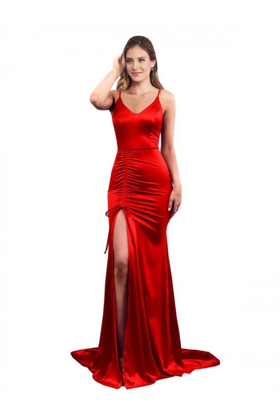 Long Pleated Formal Stretch Satin Bridesmaid Dress / Prom Dress with High Slit Bristol