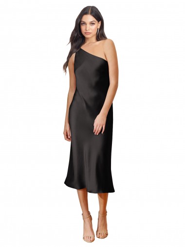 Sleek One Shoulder Midi Length Short Cocktail Formal Stretch Satin Slip Bridesmaid Dress / Prom Dress Bristol