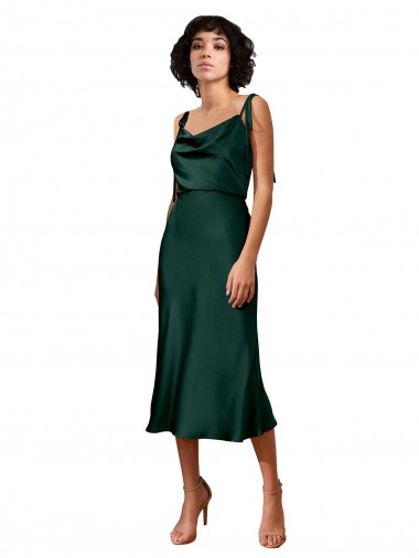 Spaghetti Straps Tie Shoulders Cowl Neck Short Midi Length Formal Stretch Satin Cocktail Bridesmaid Dress / Prom Dress Bristol