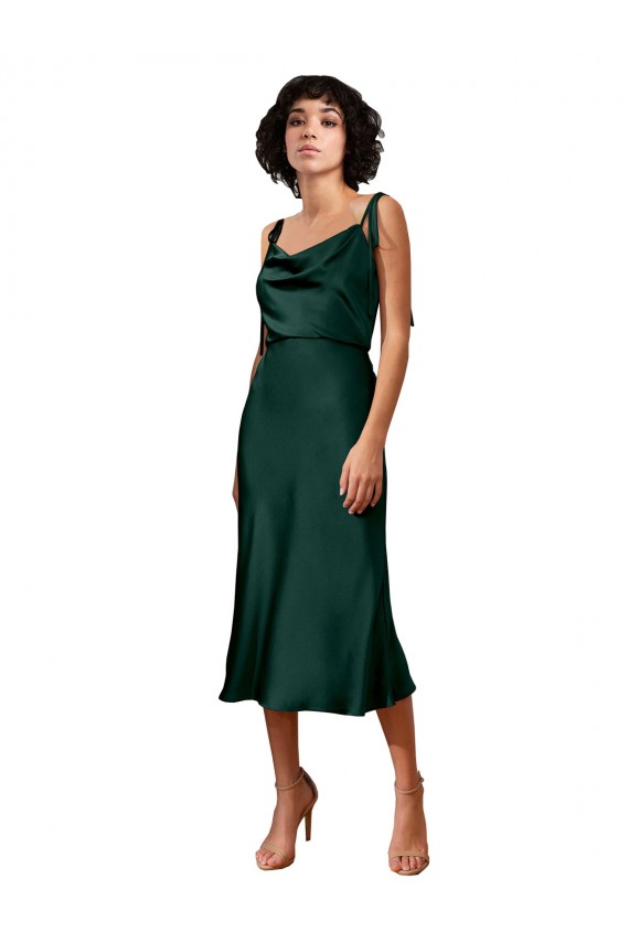 Spaghetti Straps Tie Shoulders Cowl Neck Short Midi Length Formal Stretch Satin Cocktail Bridesmaid Dress / Prom Dress Bristol