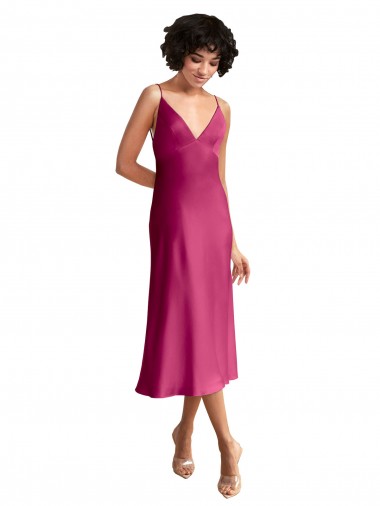 Midi Length V-Neck Short Formal Stretch Satin Bridesmaid Dress / Cocktail Prom Dress with Low Scoop Back Bristol