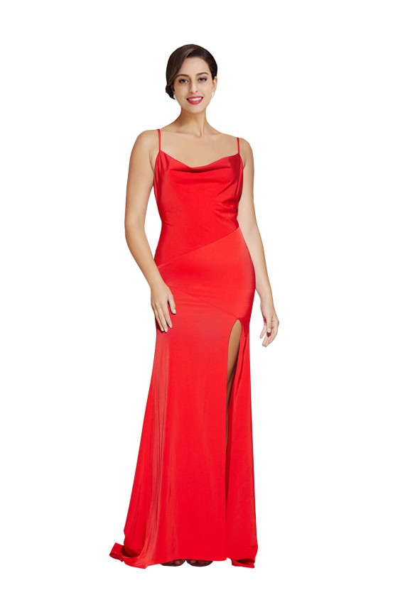 Low Back Cowl Neck Formal Stretch Satin Bridesmaid Dress / Prom Dress with High Side Slit Bristol