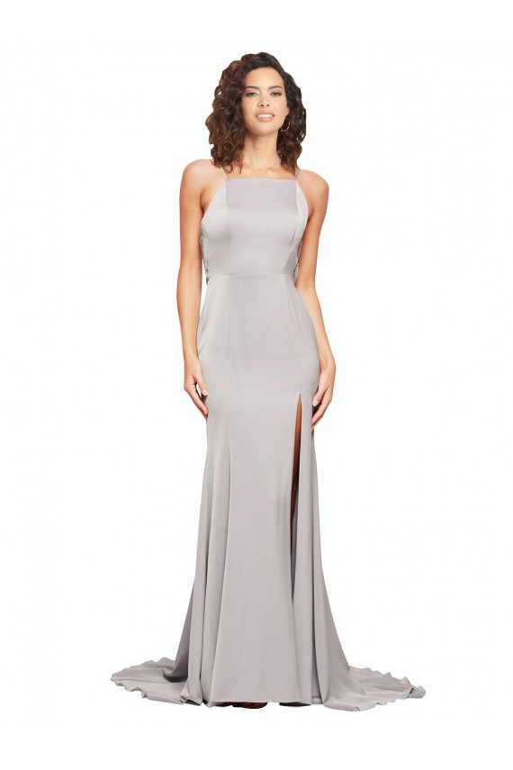 High Neck Low Back Long Full Length Formal Stretch Satin Bridesmaid Dress / Prom Dress Bristol